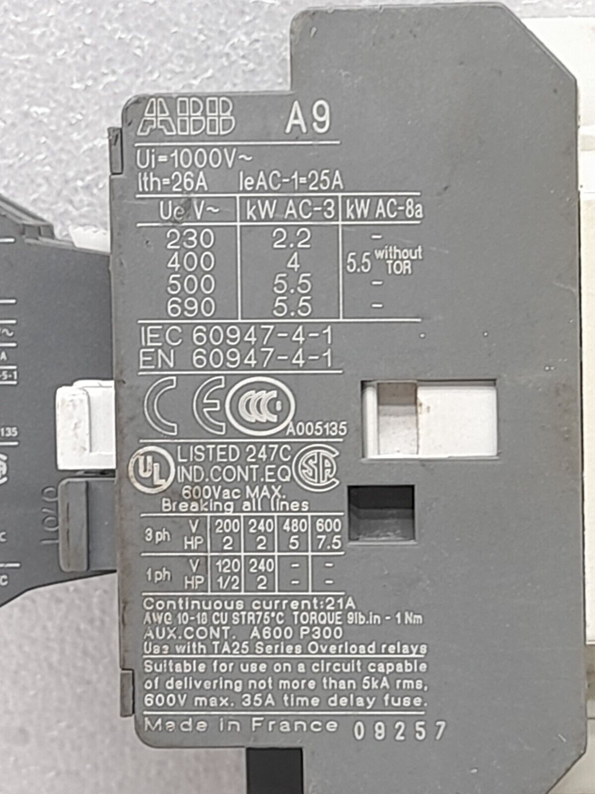 ABB A9-30-10 Contactor R89 110-115V50Hz 115-127V60Hz TA25DU Relay 1.3-1.8A CA5-1