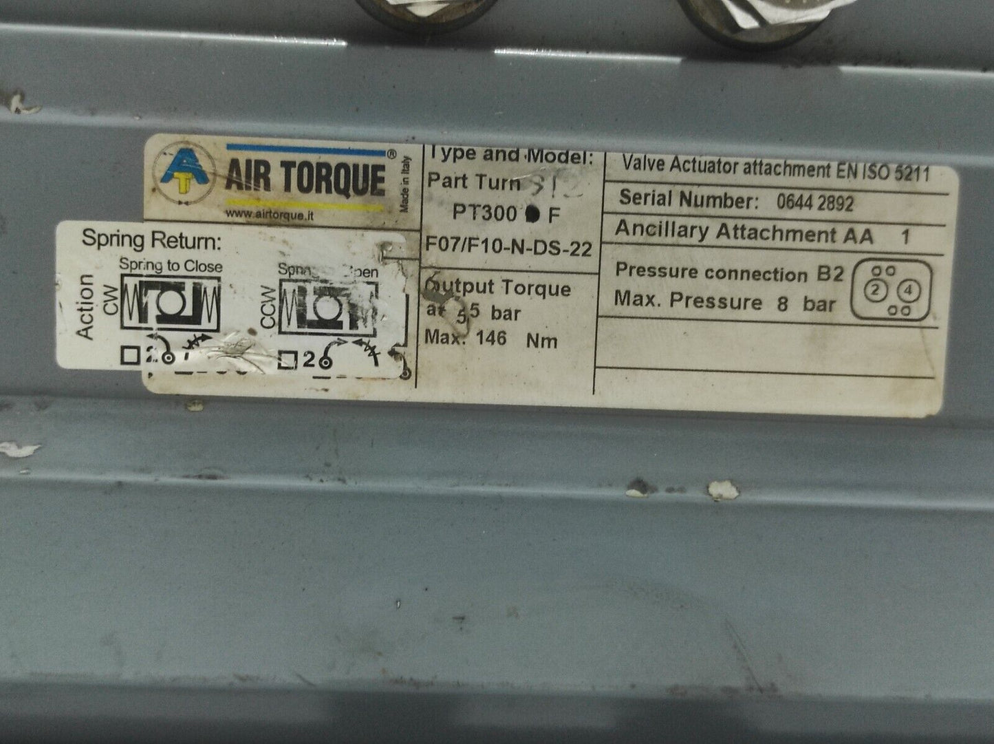 Air Torque PT300 F Pneumatic Actuator Part Turn S12 F07/F10-N-DS-22 