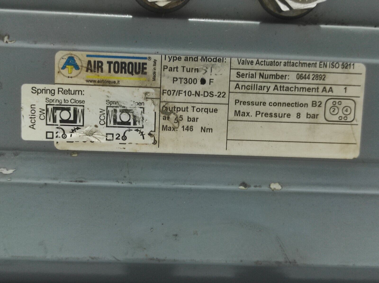 Air Torque PT300 F Pneumatic Actuator Part Turn S12 F07/F10-N-DS-22 