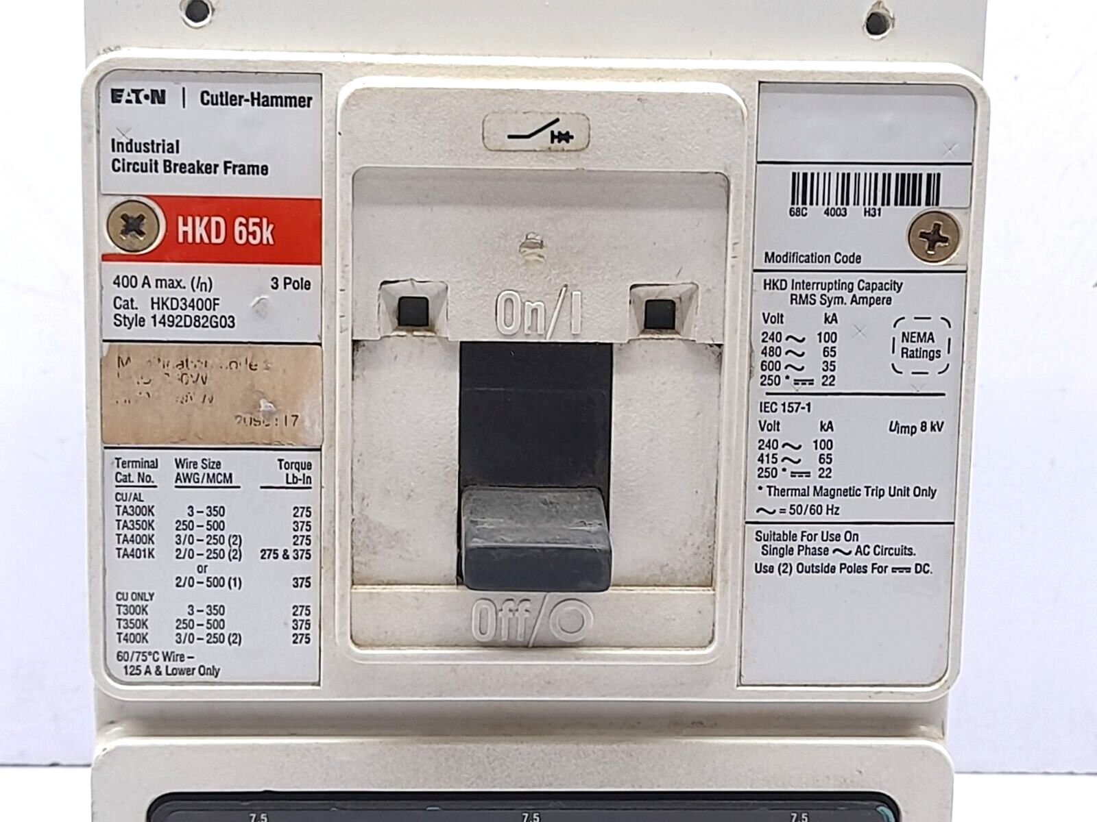 Eaton HKD3400F Circuit Breaker 1492D82G03 400A Max 3 Pole With 200A Trip Unit