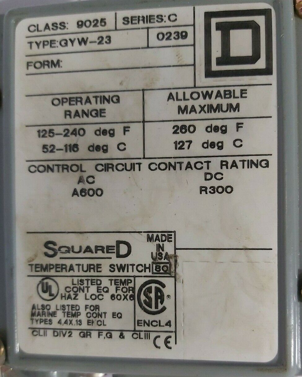 SQUARE D CLASS 9025 TYPE-GYW-23 TEMPERATURE SWITCH SER-C 9025GYW23