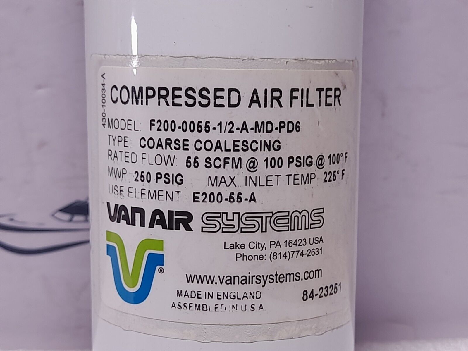 Van Air Systems F200-0055-½-A-MD-PD6 Coarse Coalescing Compressed Air Filter