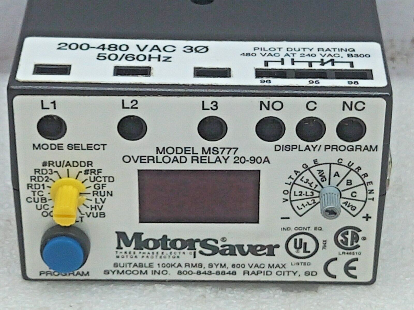 Syncom Model: MS777 Overload Relay 20-90A 200-480VAC 50/60Hz 918-31-06