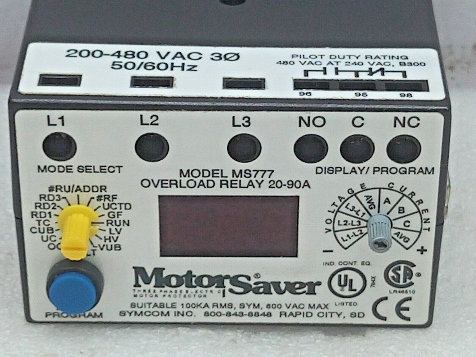 Syncom Model: MS777 Overload Relay 20-90A 200-480VAC 50/60Hz 918-31-06