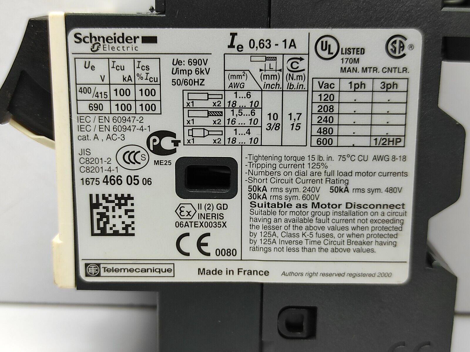Telemecanique Schneider GV2ME05 Motor Protective Circuit Breaker