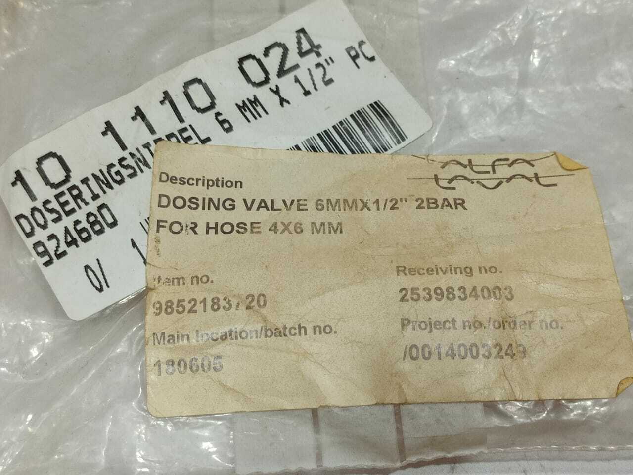 ALfa Laval 9852183720 Dosing Valve 6MM x ½” 2 Bar