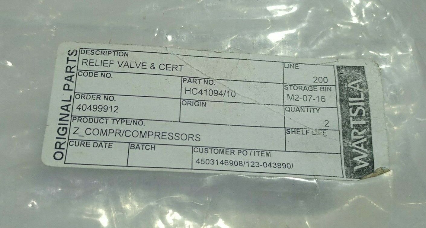 Wartsila HC41094/10 Relief Valve & Cert Gardner Denver 41094/10