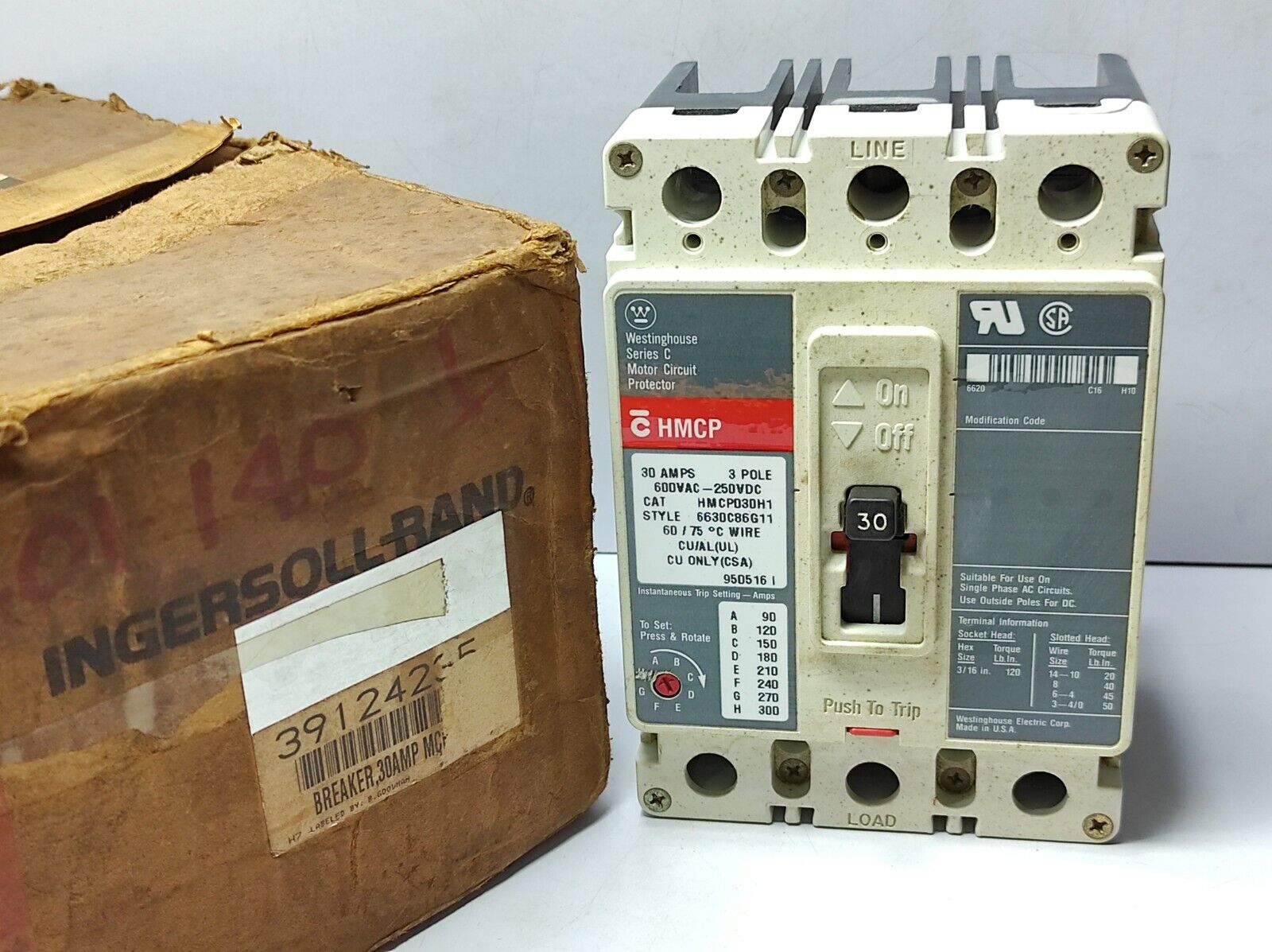 Westinghouse HMCP030H1 Ingersoll Rand 39124235 Circuit Breaker 30Amps 3Pole 600V