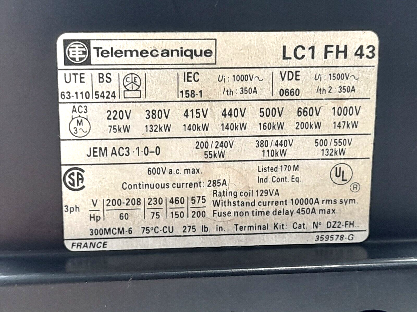 Telemecanique LC1FH43 Contactor LC1 FH 43 Ith: 350A LA1 F 311 Ui: 660V~ Ith: 15A