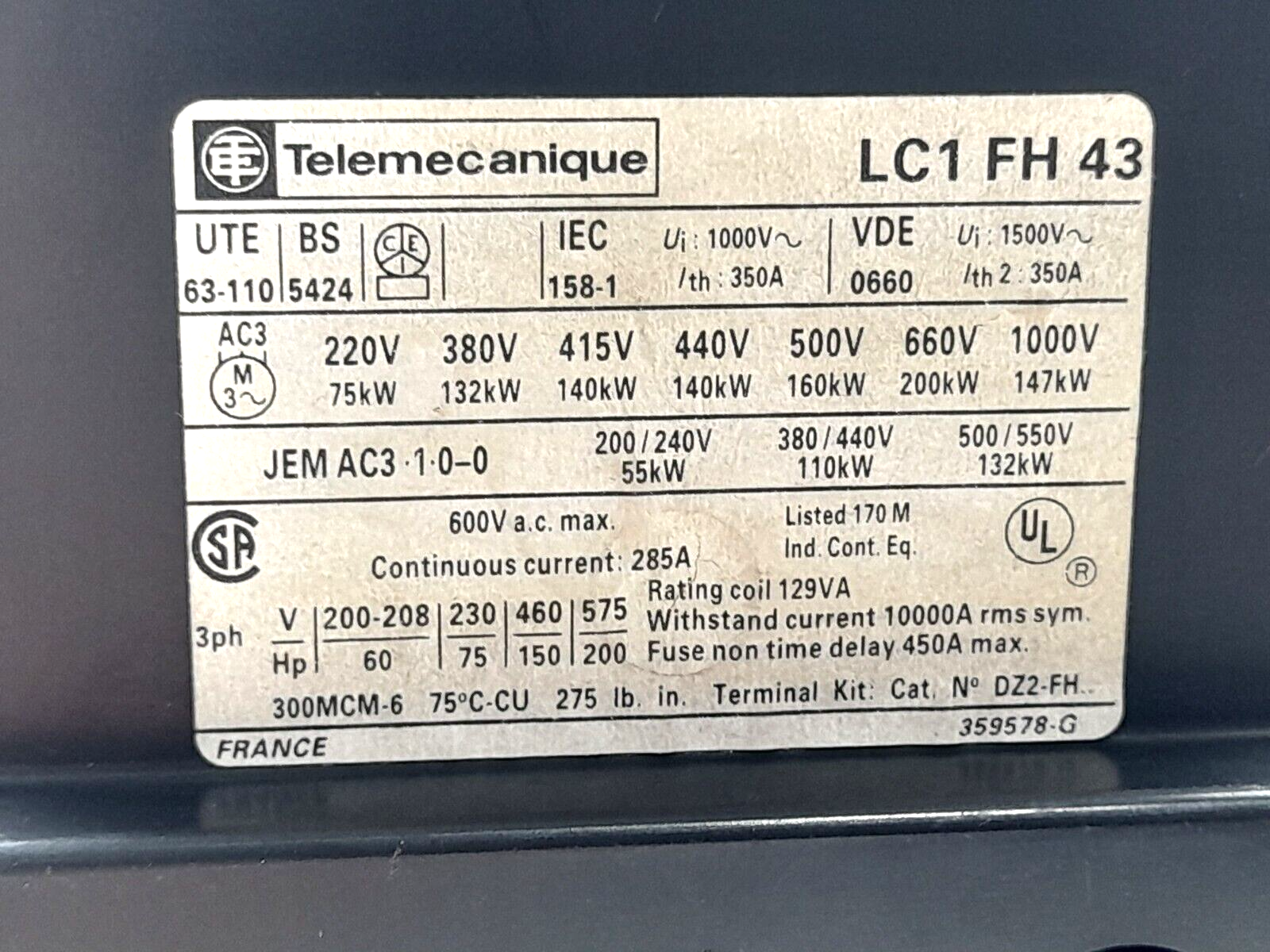 Telemecanique LC1FH43 Contactor LC1 FH 43 Ith: 350A LA1 F 311 Ui: 660V~ Ith: 15A
