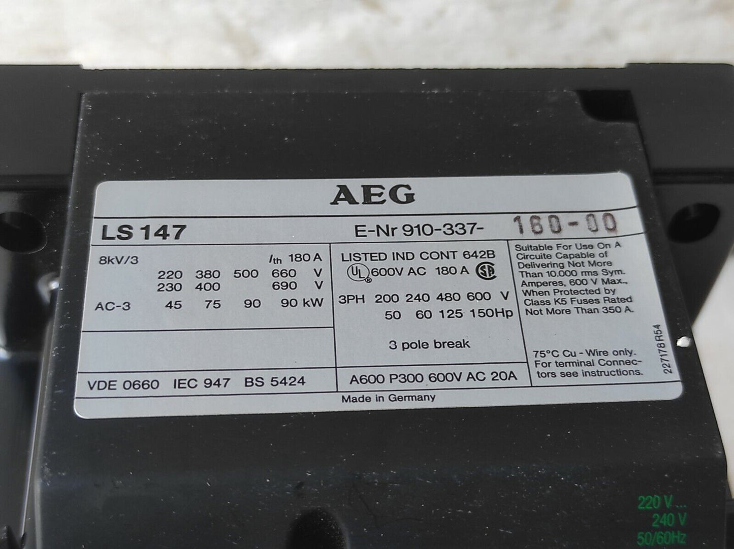 AEG LS147.22 Contactor 220-240V 50/60Hz Mit Mod ELSA LS147 Ith 180A 3 Pole Break