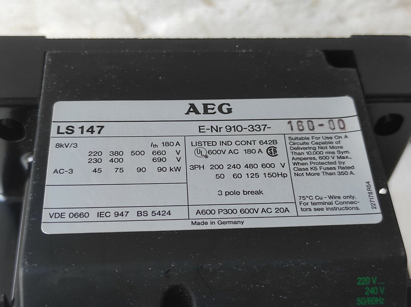 AEG LS147.22 Contactor 220-240V 50/60Hz Mit Mod ELSA LS147 Ith 180A 3 Pole Break