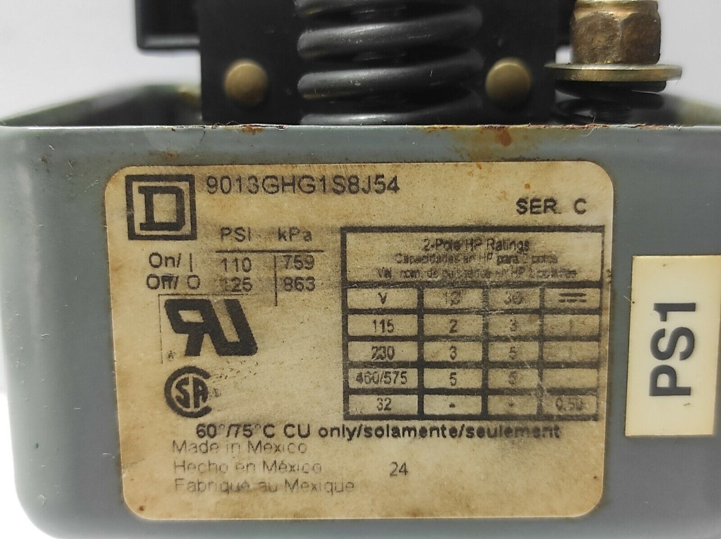 Square D 9013GHG1S8J54 Ser C Pressure Switch Quincy 22454-1 Pressure Switch
