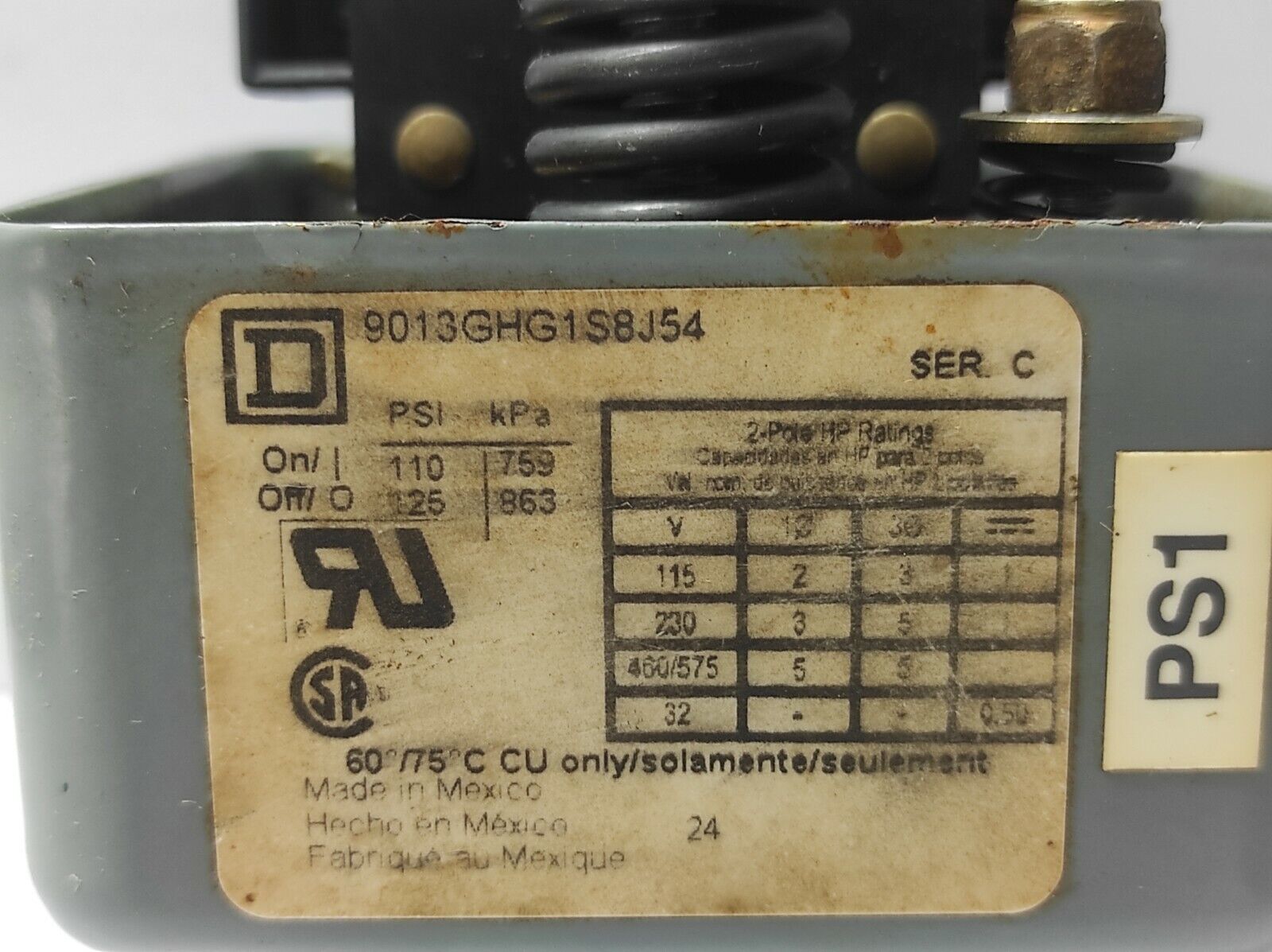 Square D 9013GHG1S8J54 Ser C Pressure Switch Quincy 22454-1 Pressure Switch