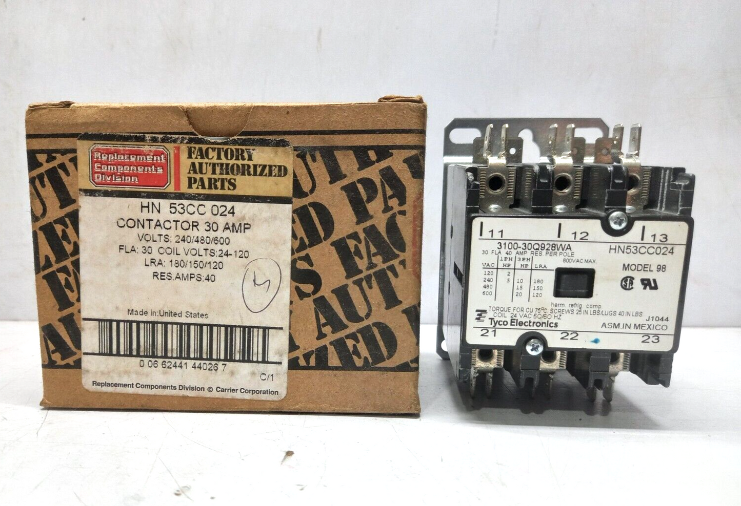 Tyco Electronics 3100-30Q928WA Contactor 30FLA 40AMP Model 98