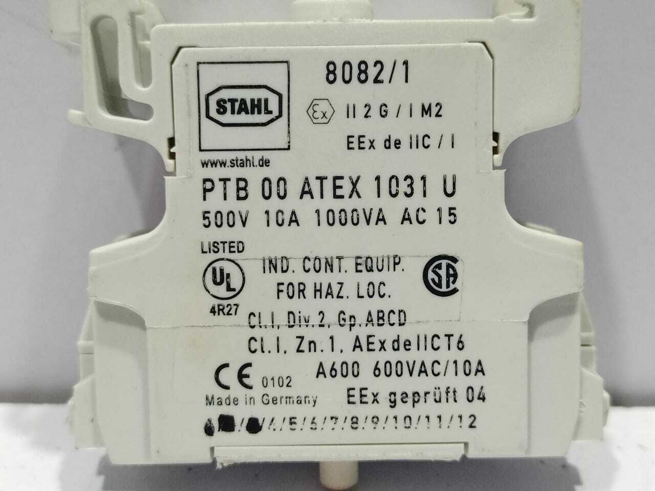 Stahl 8082/1 Contact Block PTB 00 ATEX 1031 U 500V 10A 1000VA AC 15