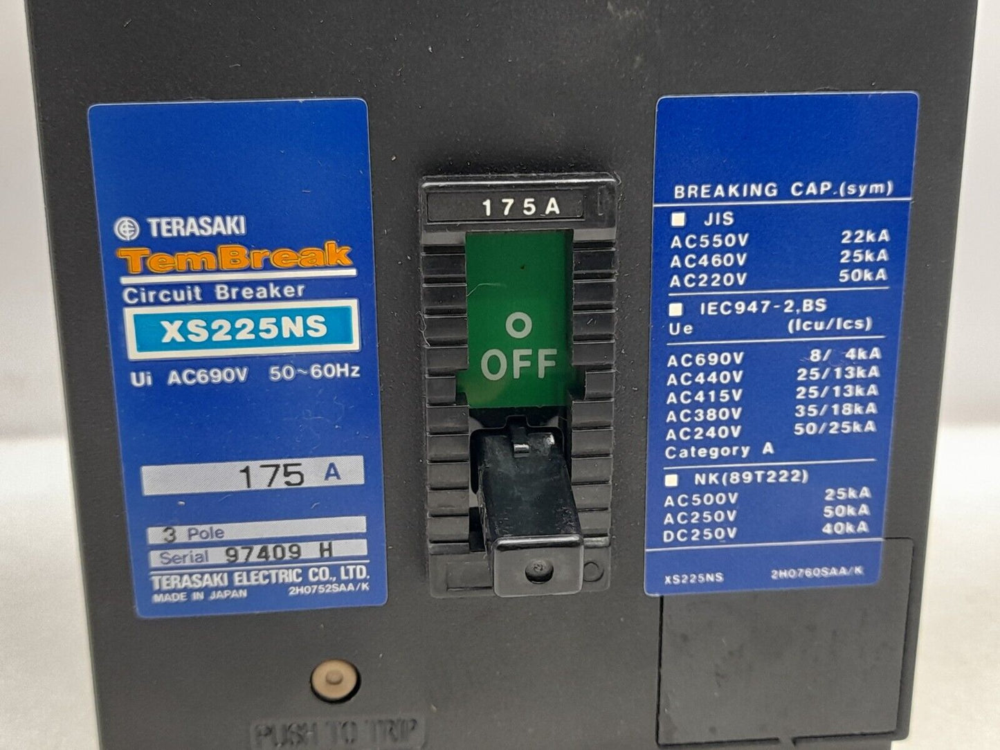 Terasaki XS225NS Circuit Breaker 3P 175A PM