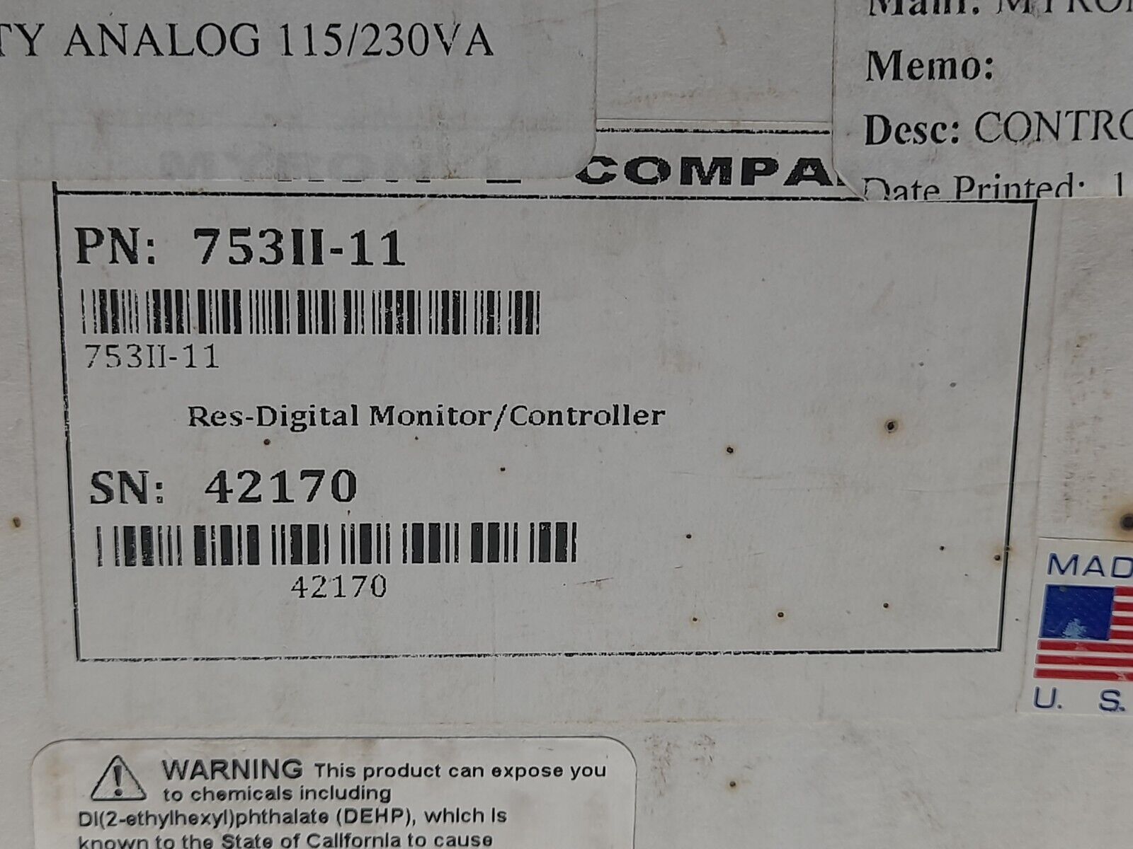 Myron L Company 753II-11 Resistivity Digital Monitor Controller 750II MEGOHMS-CM