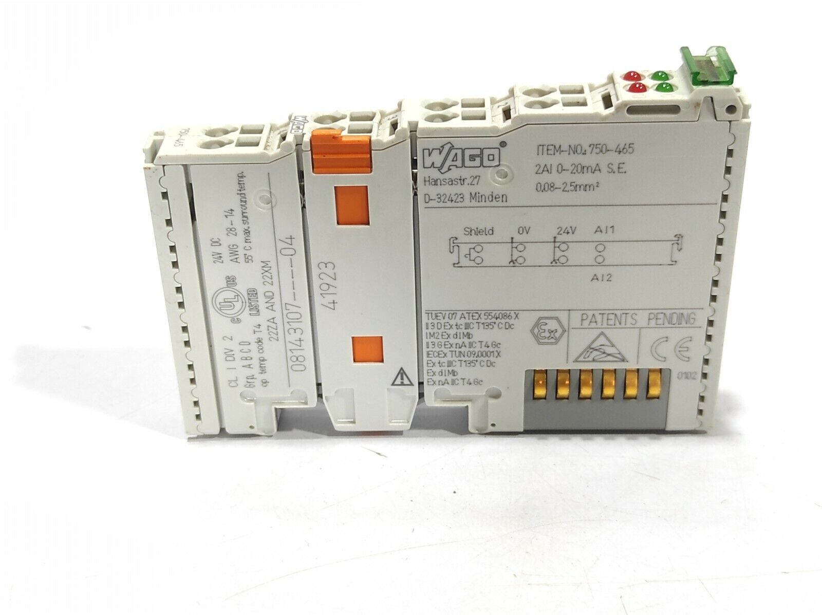 Wago 750-465 2-Channel Analog Input Module 750465 2AI 0-20mA S.E. 24V DC