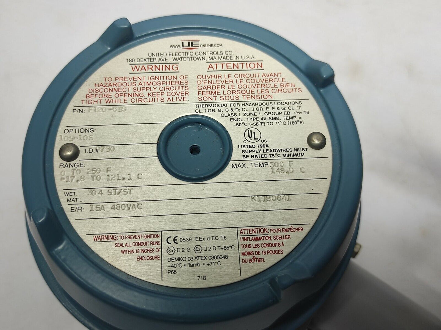 United Electric F120-6BS Temperature Switch Option 10S-10S Operating Range 0to25