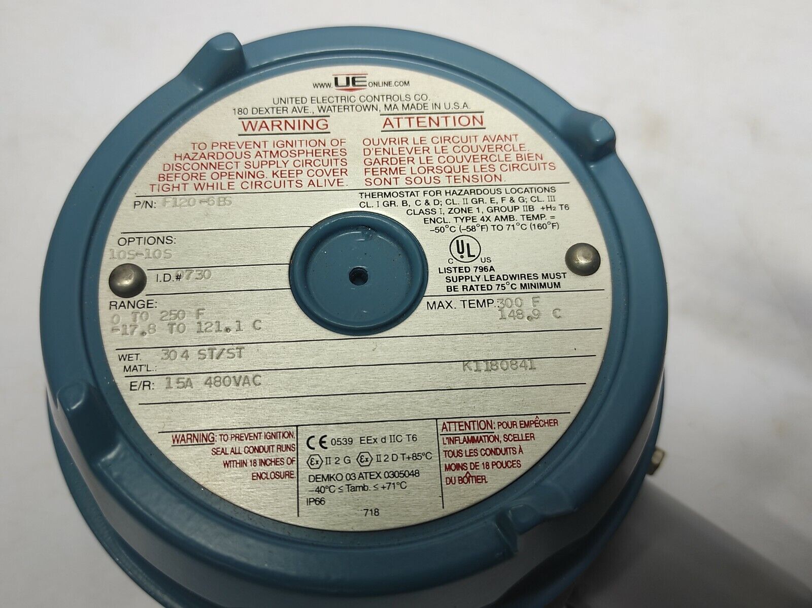 United Electric F120-6BS Temperature Switch Option 10S-10S Operating Range 0to25