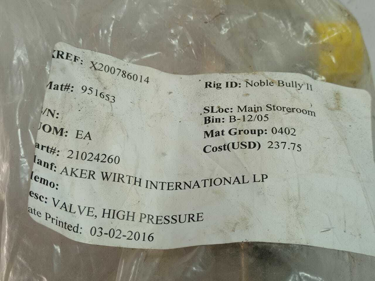 Aker 21024260 High Pressure Valve 1/2” PN400 LD DN8 1.4571 GA 