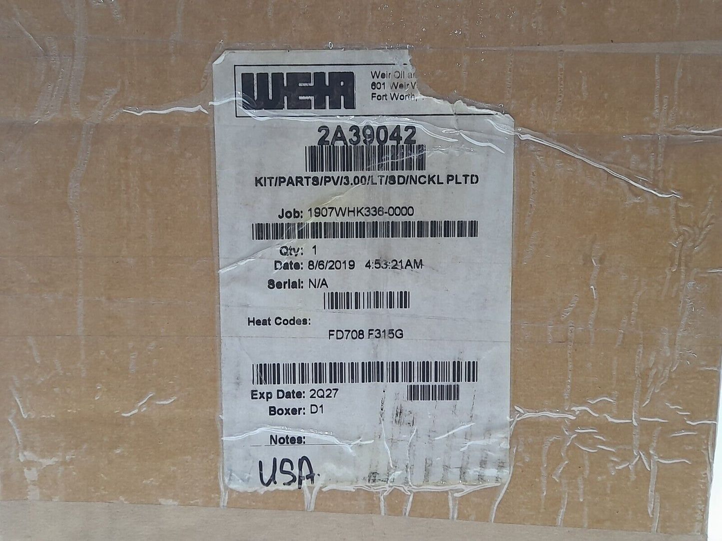 Weir 2A39042 Rebuild Kit 3In 15k Valve Kit/Parts/PV/3.00/LT/SD/NCKL PLTD SPM 1P1