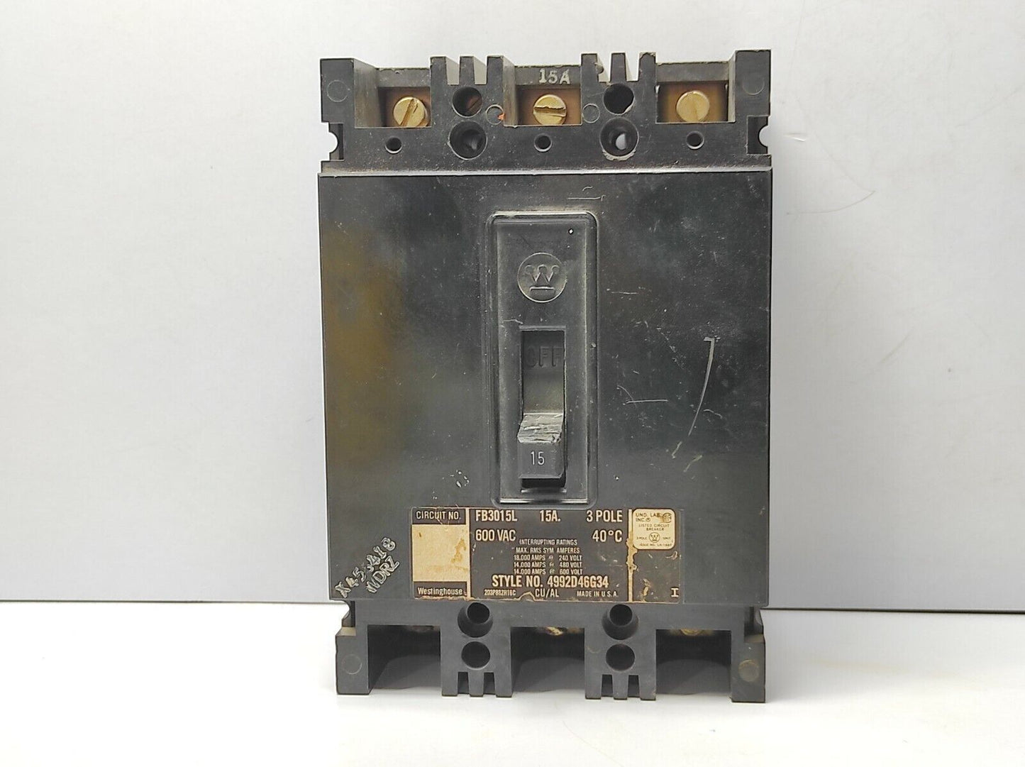 Westinghouse FB3015L 15A 3Pole Circuit Breaker 600VAC 40°C 4992D46G34