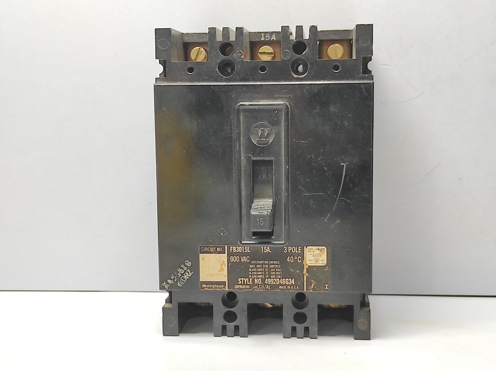 Westinghouse FB3015L 15A 3Pole Circuit Breaker 600VAC 40°C 4992D46G34