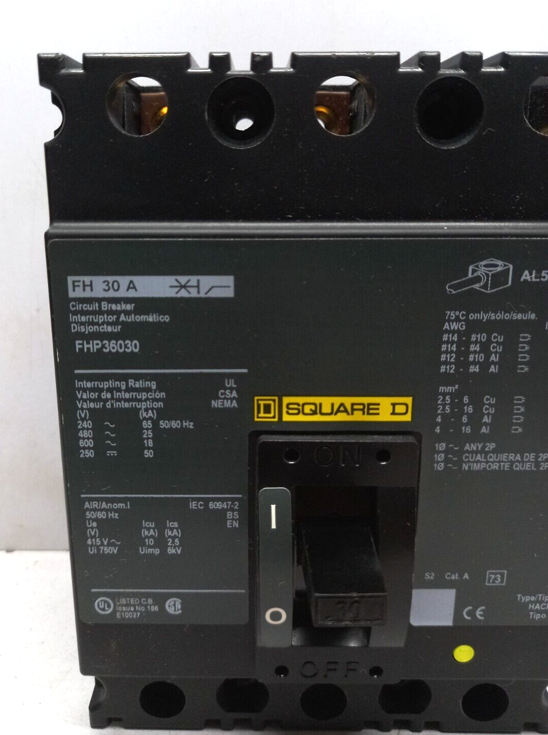 Square D FHP36030 Circuit Breaker 30A 3P 600VAC 250VDC 50/60Hz FH 30 A