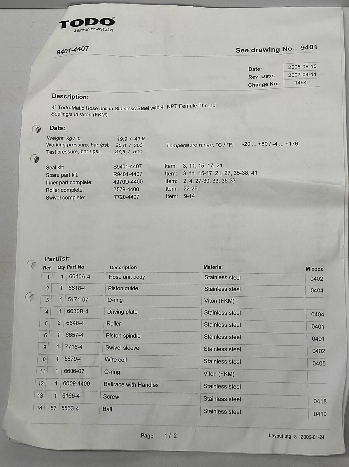 Todo R9401-4407 Spare Parts Kit & Todo R7480A-4407 Spare Parts Kit