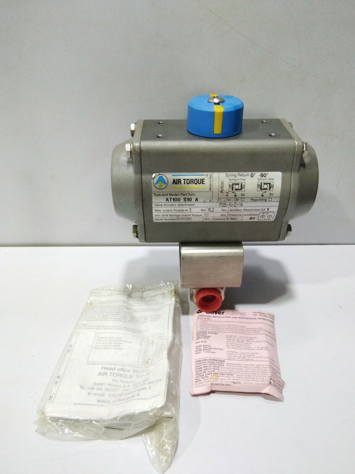 AIR TORQUE AT100S10A PNEUMATIC VALVE ACTUATOR WITH OLIVER VALVES B6FX38S/ACT-SR