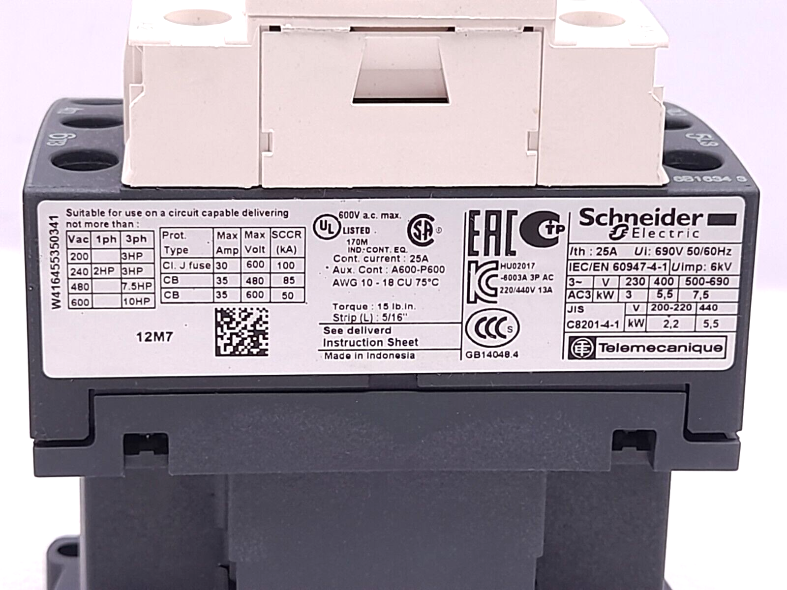 Schneider LC1D12M7 Contactor 220V 50/60Hz LC1D12 25A M7