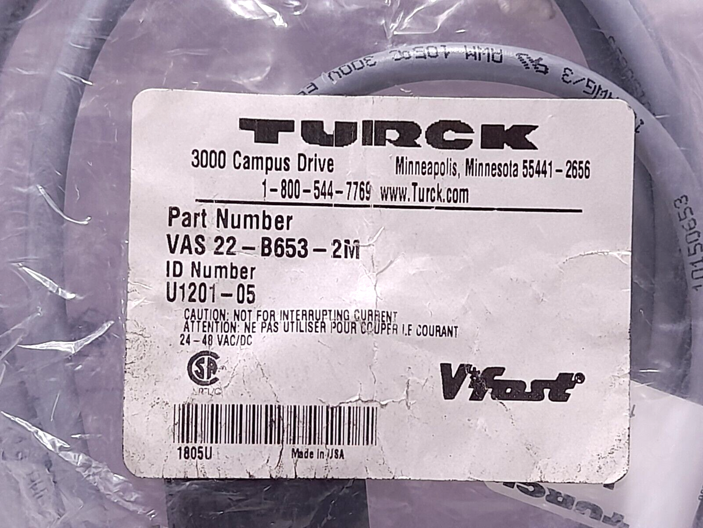 Turck VAS 22-B653-2M Cordset 24-48 VACDC NOV 0000961577 Cable Component Assembly