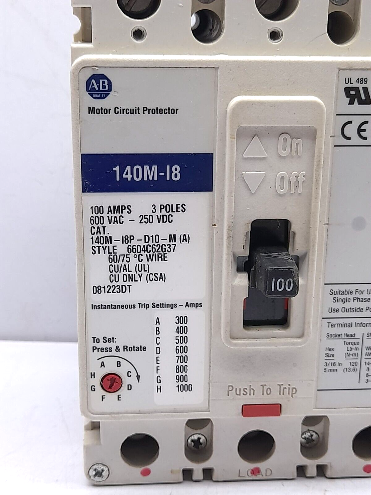 Allen Bradley 140M-I8P-D10-M (A) Circuit Breaker 100A 3P 140M-I8