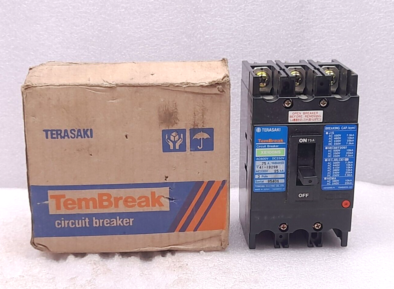 Terasaki XS100NS Circuit Breaker 75A 3P 600Vdc 250Vdc 21Ka