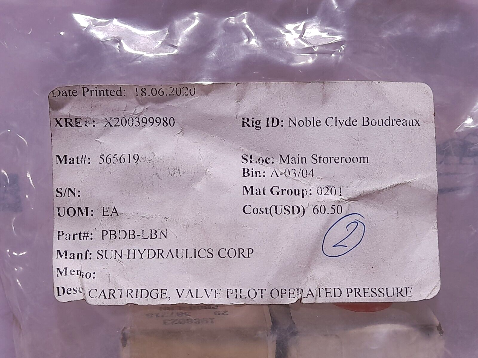 Sun Hydraulics PBDB-LBN Pressure operated Pilot Cartridge Valve PBDBLBN