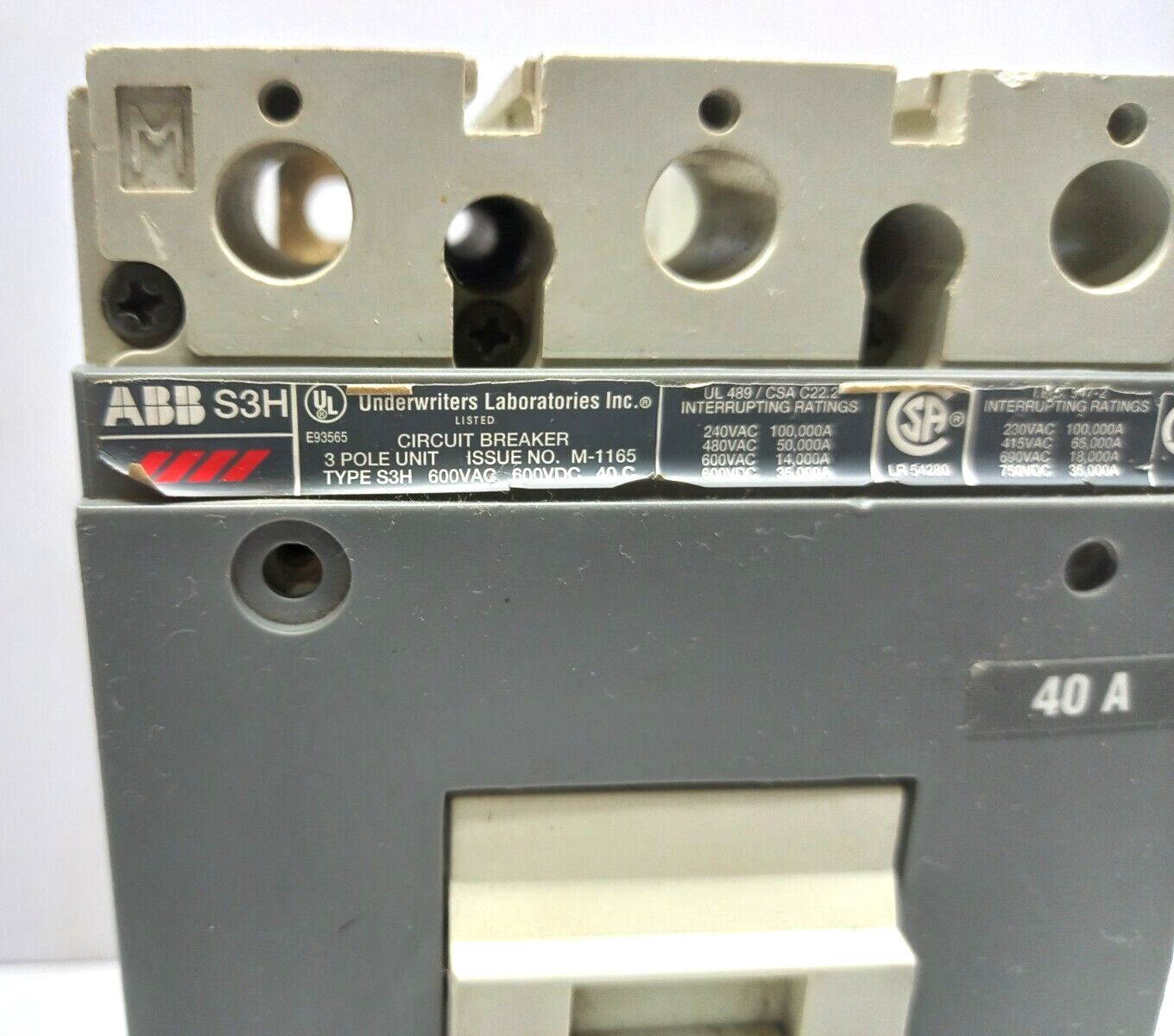 ABB S3H Circuit Breaker 40A 600VAC 600VDC 3 Pole