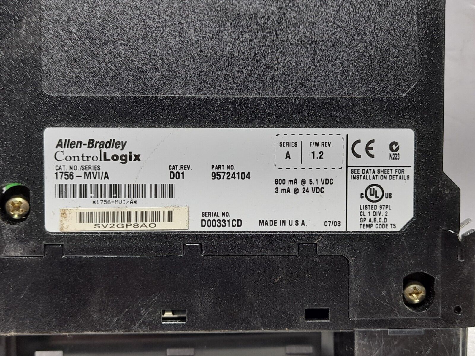 Allen Bradley 1756-MVI Ser A ControlLogix Cat Rev D01 Part 95724104 MVI Module