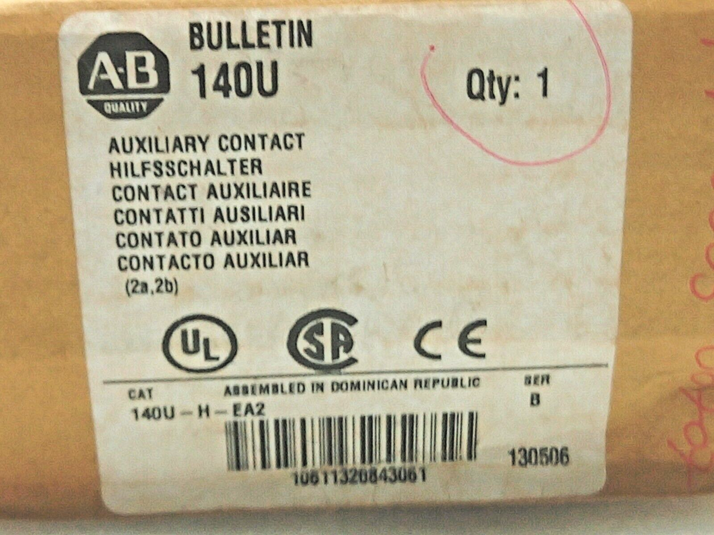 Allen Bradley 140U-H-EA2 Circuit Breaker Auxiliary Contact Block SER B