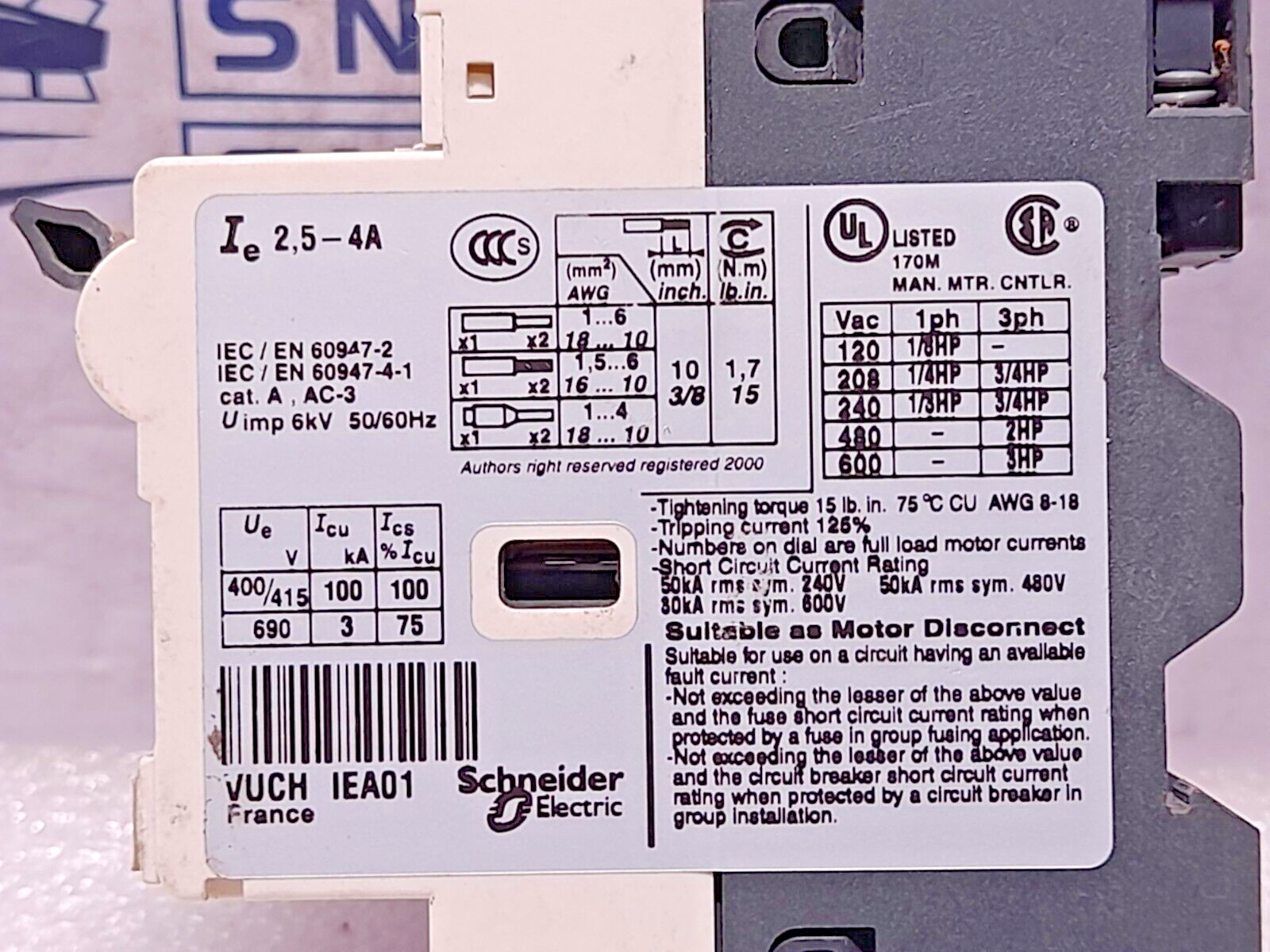 Telemecanique GV2-RT08 Motor Circuit Breaker 2.5-4A Uimp: 6kV 50/60Hz