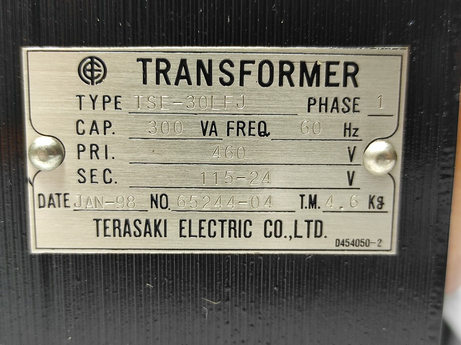 Terasaki TSE-30LFJ Transformer Phase 1 Cap.300VA Freq.60Hz Pri.460V Sec.115-24V