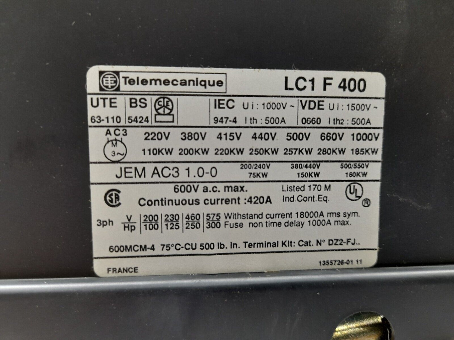 Telemecanique LC1F400 Contactor LC1 F 400 Without Coil Continuous Current 420A