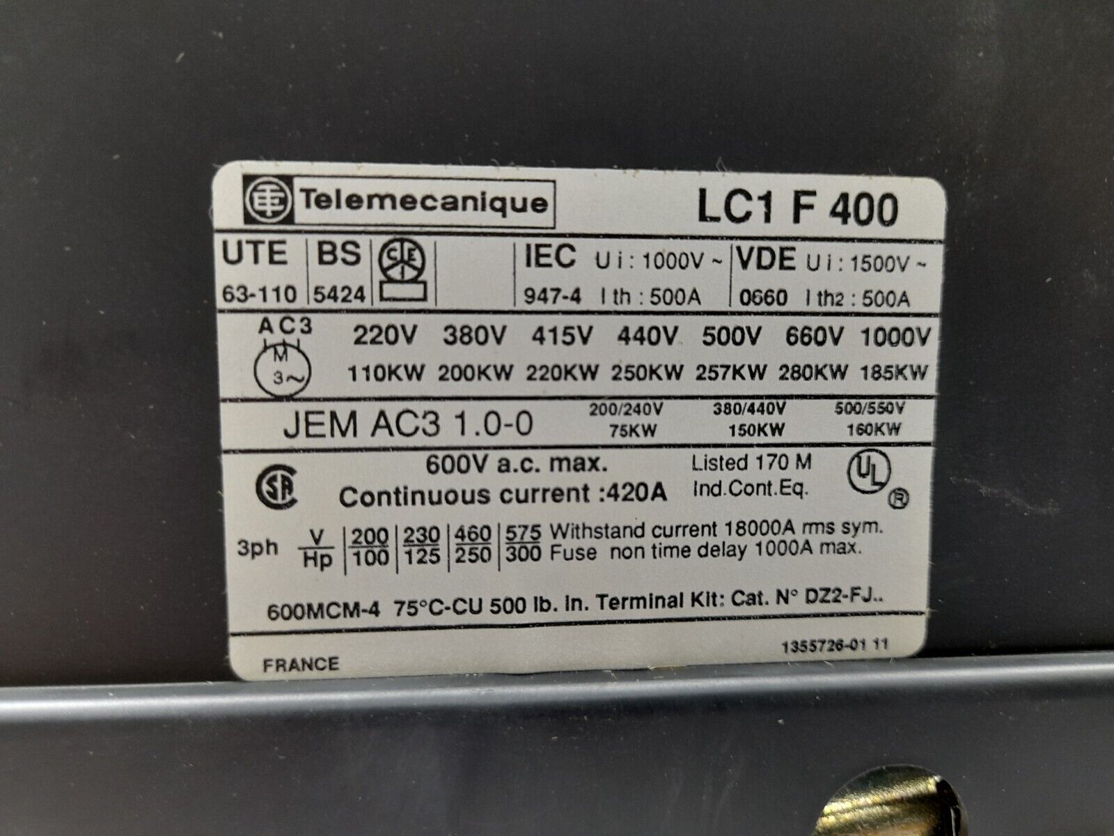 Telemecanique LC1F400 Contactor LC1 F 400 Without Coil Continuous Current 420A