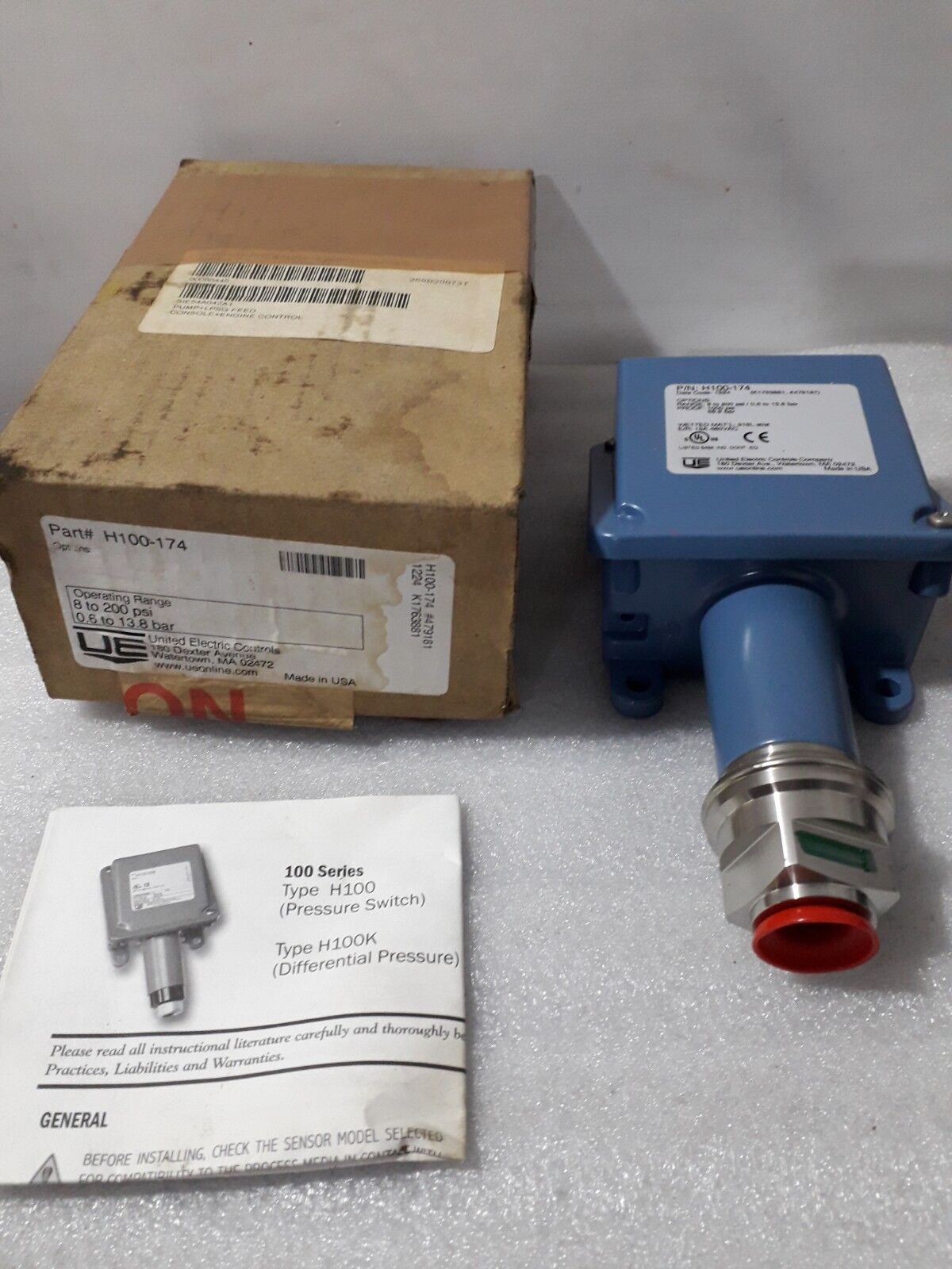 United Electric H100-174 Pressure Switch 8to200psi/0.6to13.8 bar 1000 psi 15A 