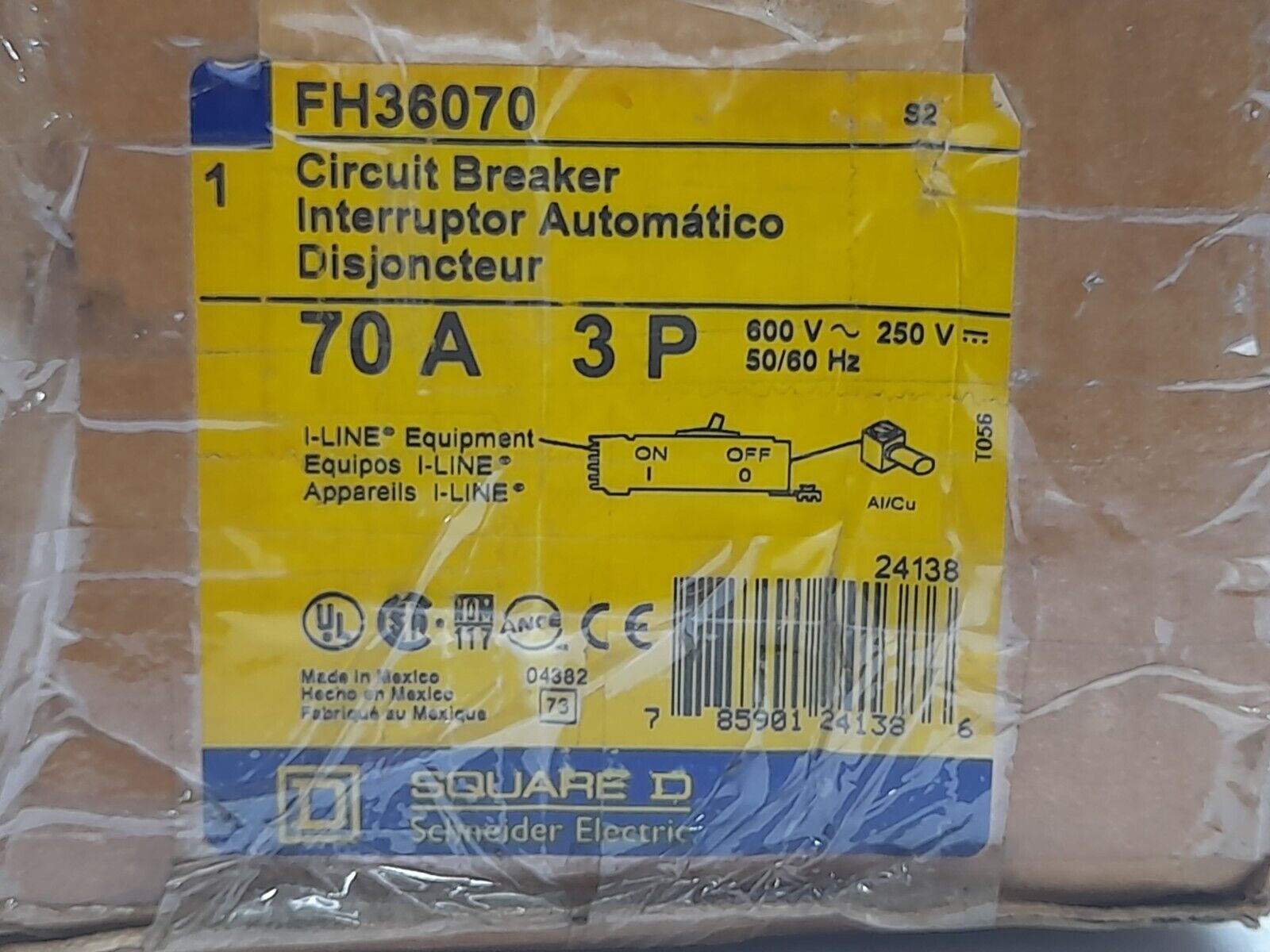 Square D FH36070 Circuit Breaker 600V~ 250VDC 50_60Hz 70A 3P