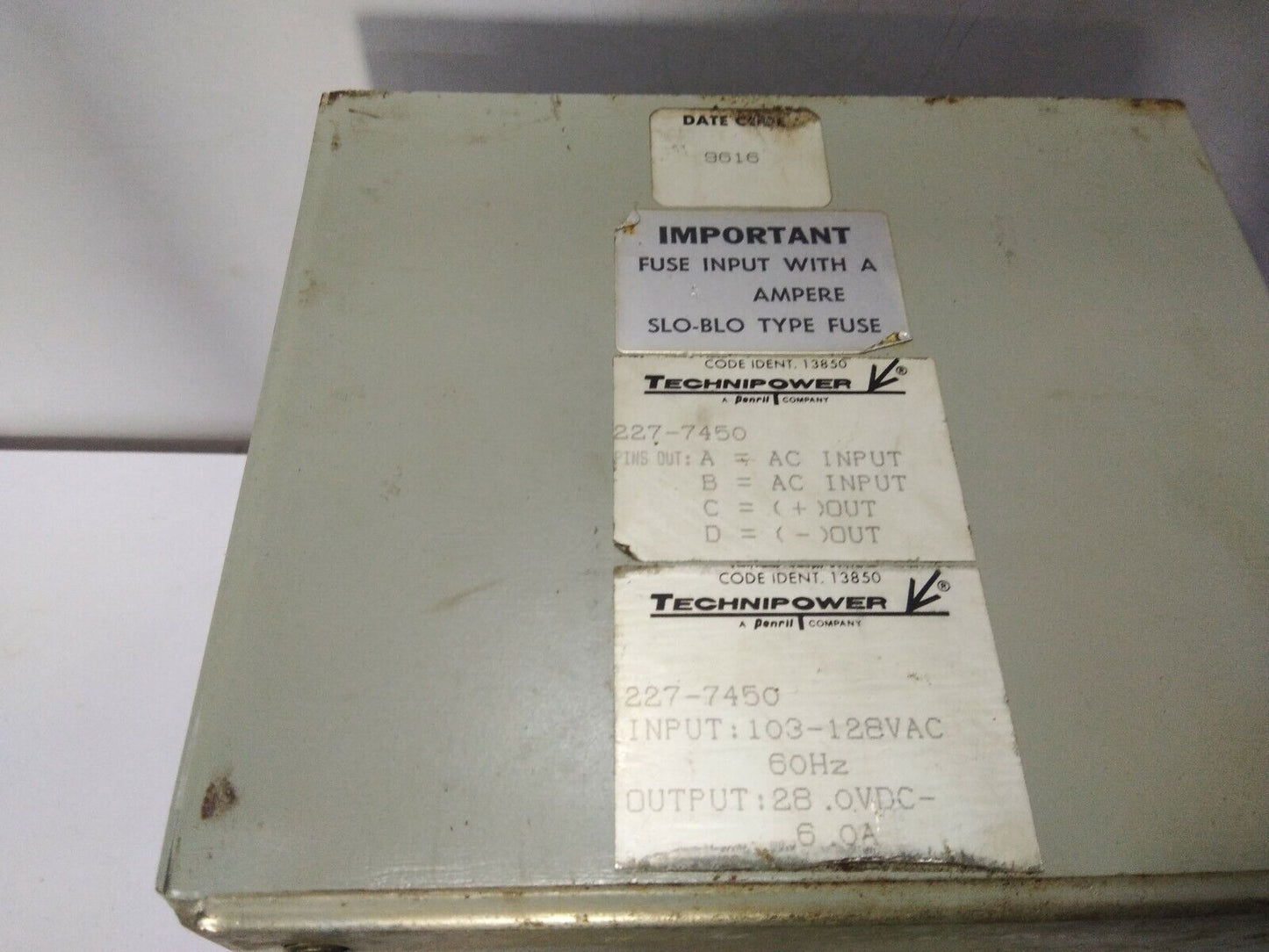 TECHNIPOWER 13850 POWER SUPPLY 227-7450 INPUT 103-128VAC 60HZ OUTPUT 28.0VDC 6.0