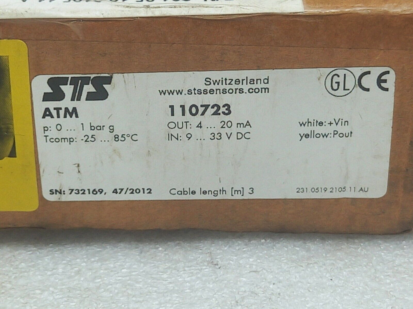 STS ATM 110723 Pressure Transmitter P 0-1bar g Out 4-20mA In 9-33VDC Tcomp -25-8