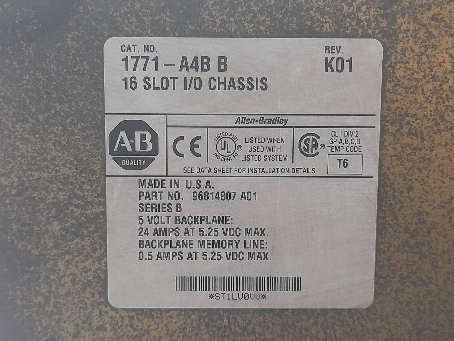 Allen Bradley 1771-ASB Remote I/O Adapter Module With 1771-A4B 16 Slot I/O Chass