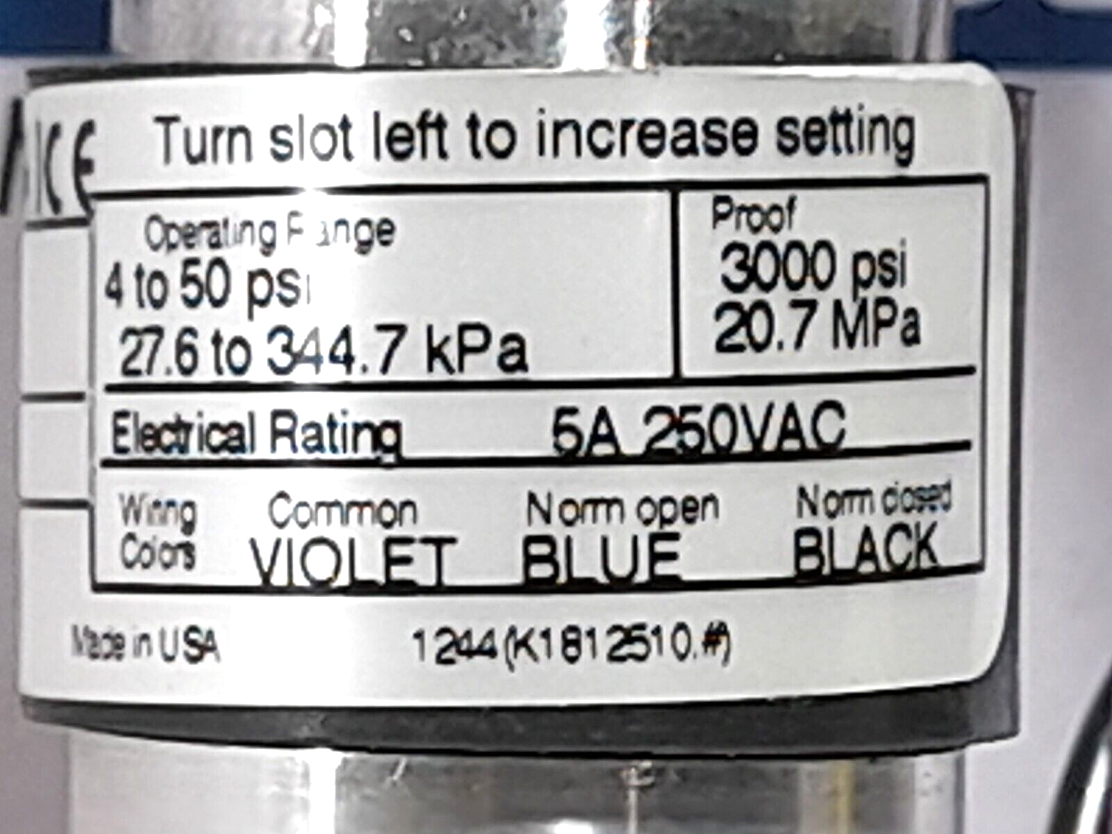 United Electric UE 10-14895 Pressure Switch Oper. Range 4 To 50 PSI Proof 3000 P